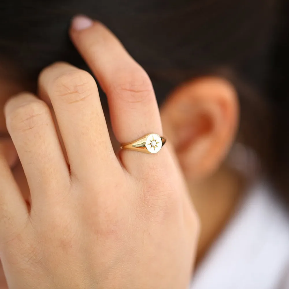 14K Gold Starburst Diamond Signet Ring