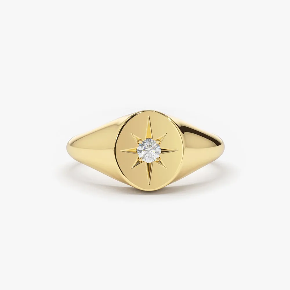 14K Gold Starburst Diamond Signet Ring