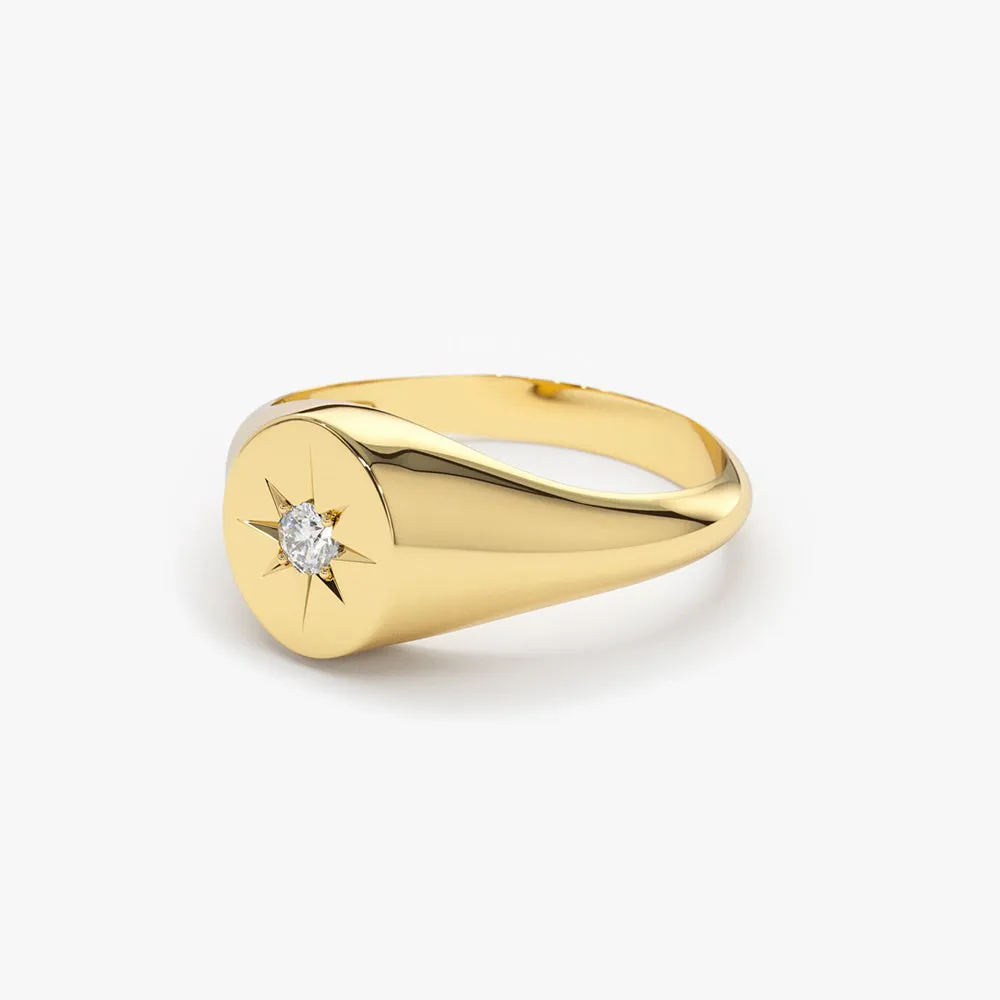 14K Gold Starburst Diamond Signet Ring