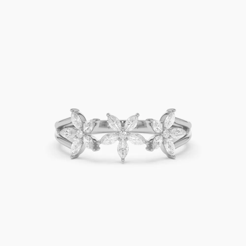 14k Marquise Diamond Multi-Flower Ring