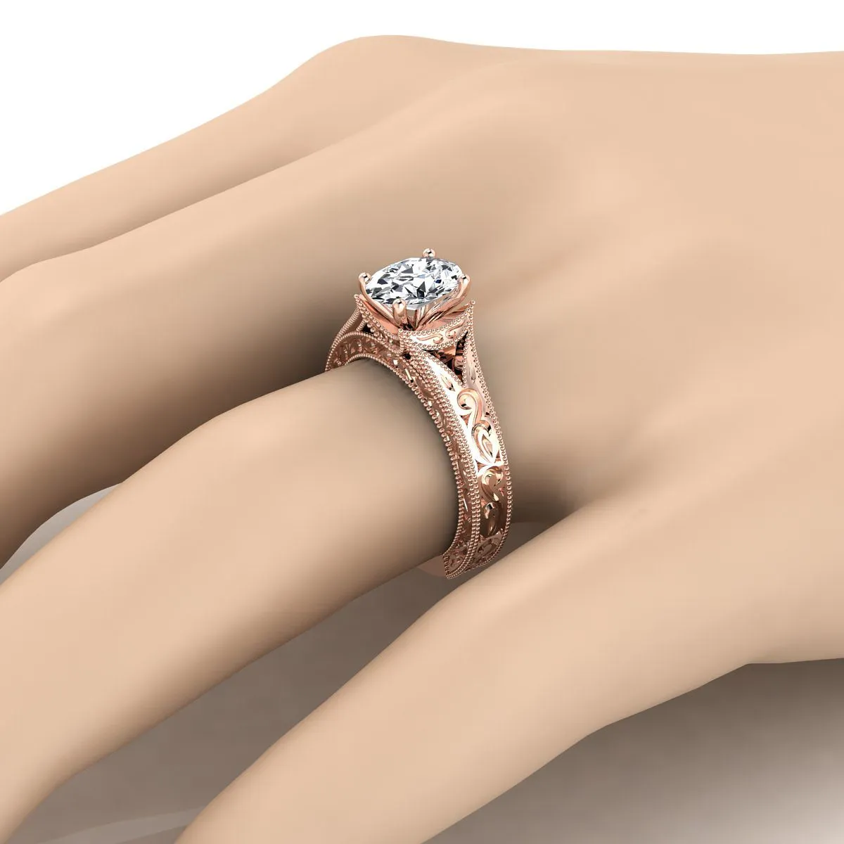 14K Rose Gold Oval  Hand Engraved and Milgrain Vintage Solitaire Engagement Ring