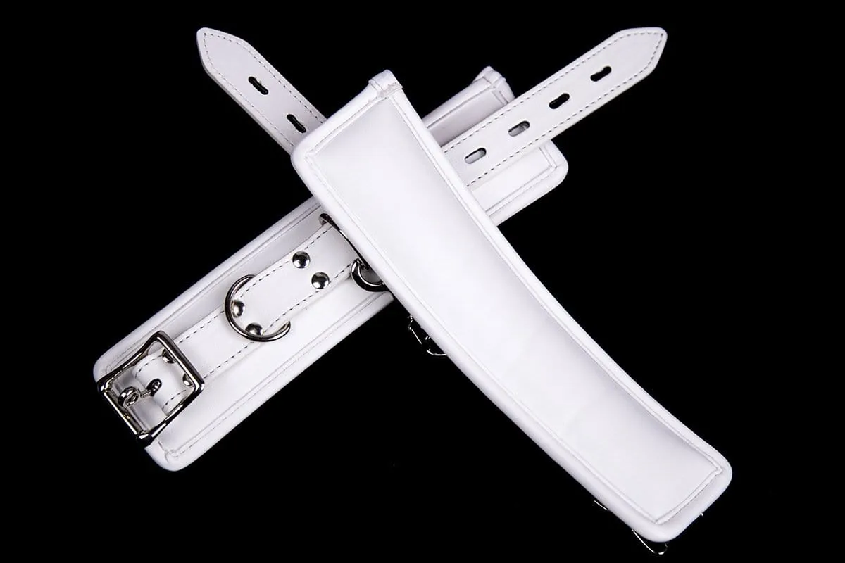 2465MQ      Padded Locking White Bondage Wrist Cuffs with Hardware Connection Chain - MEGA Deal