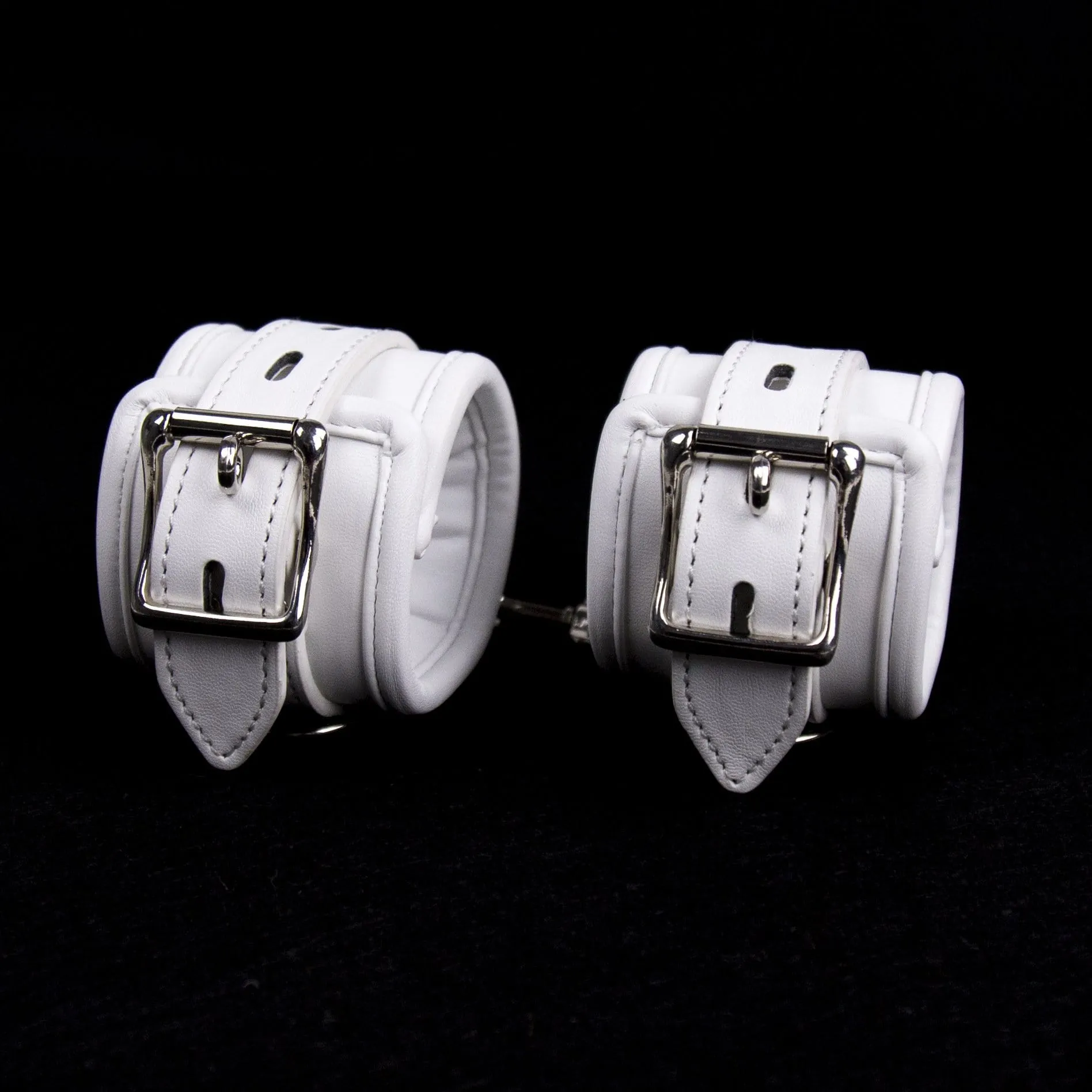 2465MQ      Padded Locking White Bondage Wrist Cuffs with Hardware Connection Chain - MEGA Deal