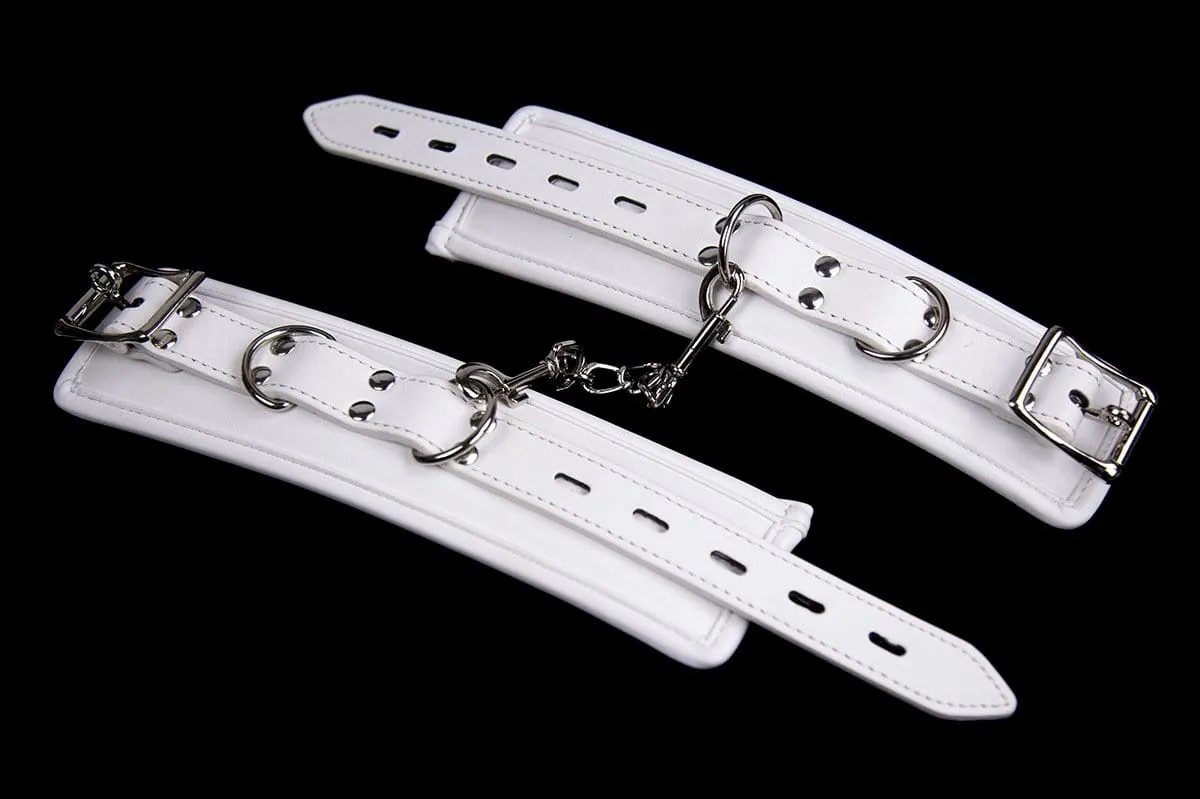 2465MQ      Padded Locking White Bondage Wrist Cuffs with Hardware Connection Chain - MEGA Deal