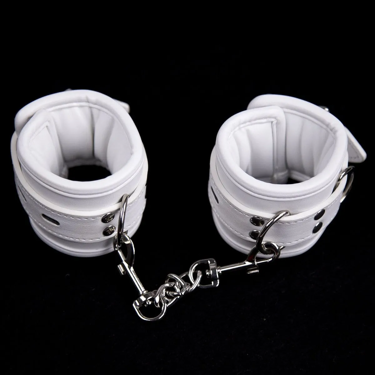 2465MQ      Padded Locking White Bondage Wrist Cuffs with Hardware Connection Chain - MEGA Deal