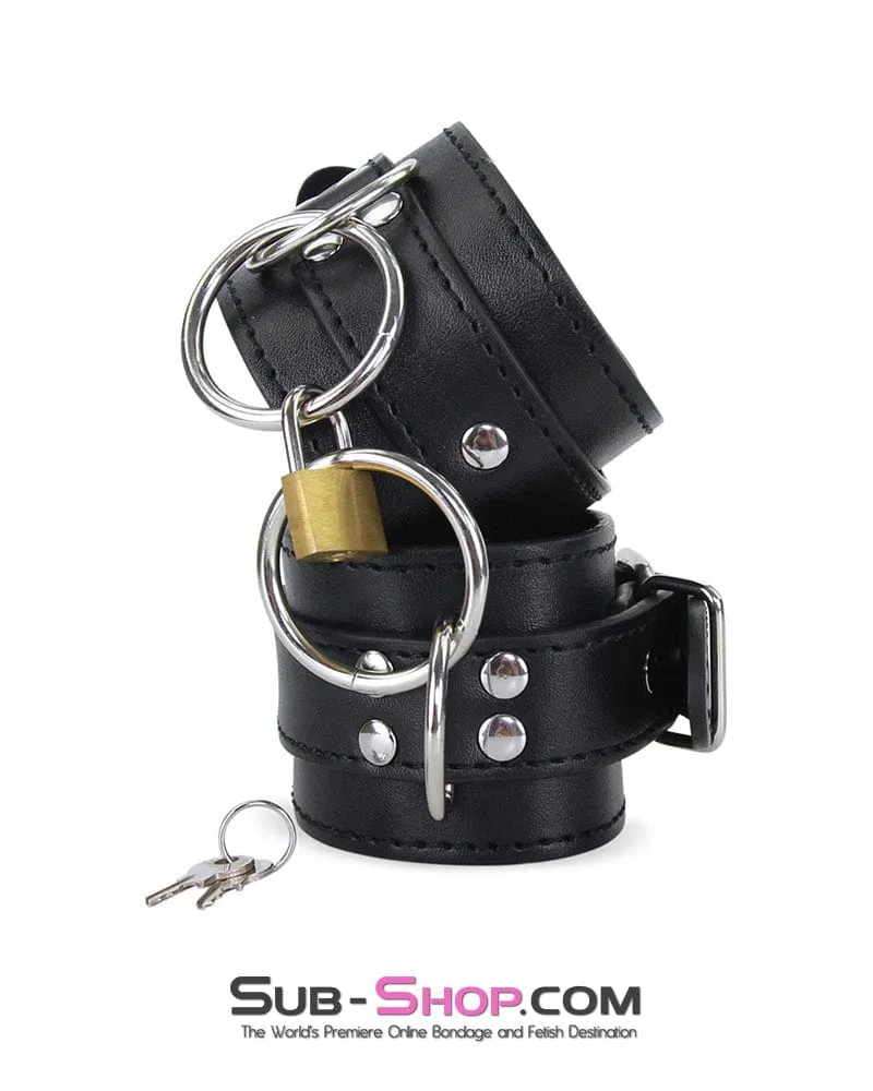 4735M      Heavy Vegan Leather Wrist Bondage Cuffs with Padlock - LAST CHANCE - Final Closeout!