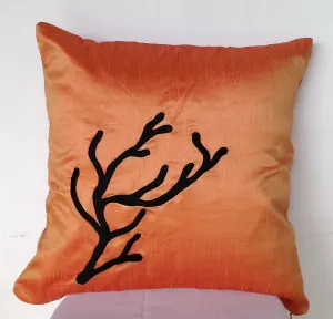 50% OFF Sale Free Shipping Embroidered Coral Decorative Pillow cover 18"X18" Black coral on Orange Pure Silk Material Decorative P