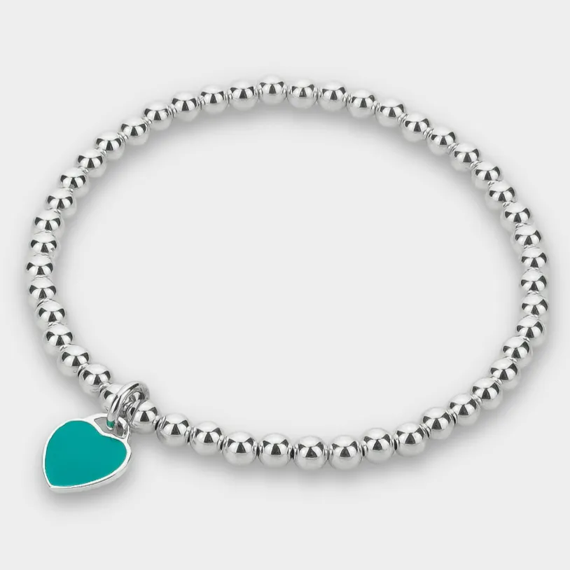 925 Sterling Silver Stretch Charm Bracelet, Turquoise Heart Charm Bracelet, Charm Bracelet, Stacked Bracelets