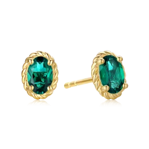 9ct Yellow Gold Oval Cut 6x4 mm Created Emerald May Birthstone Stud Earrings