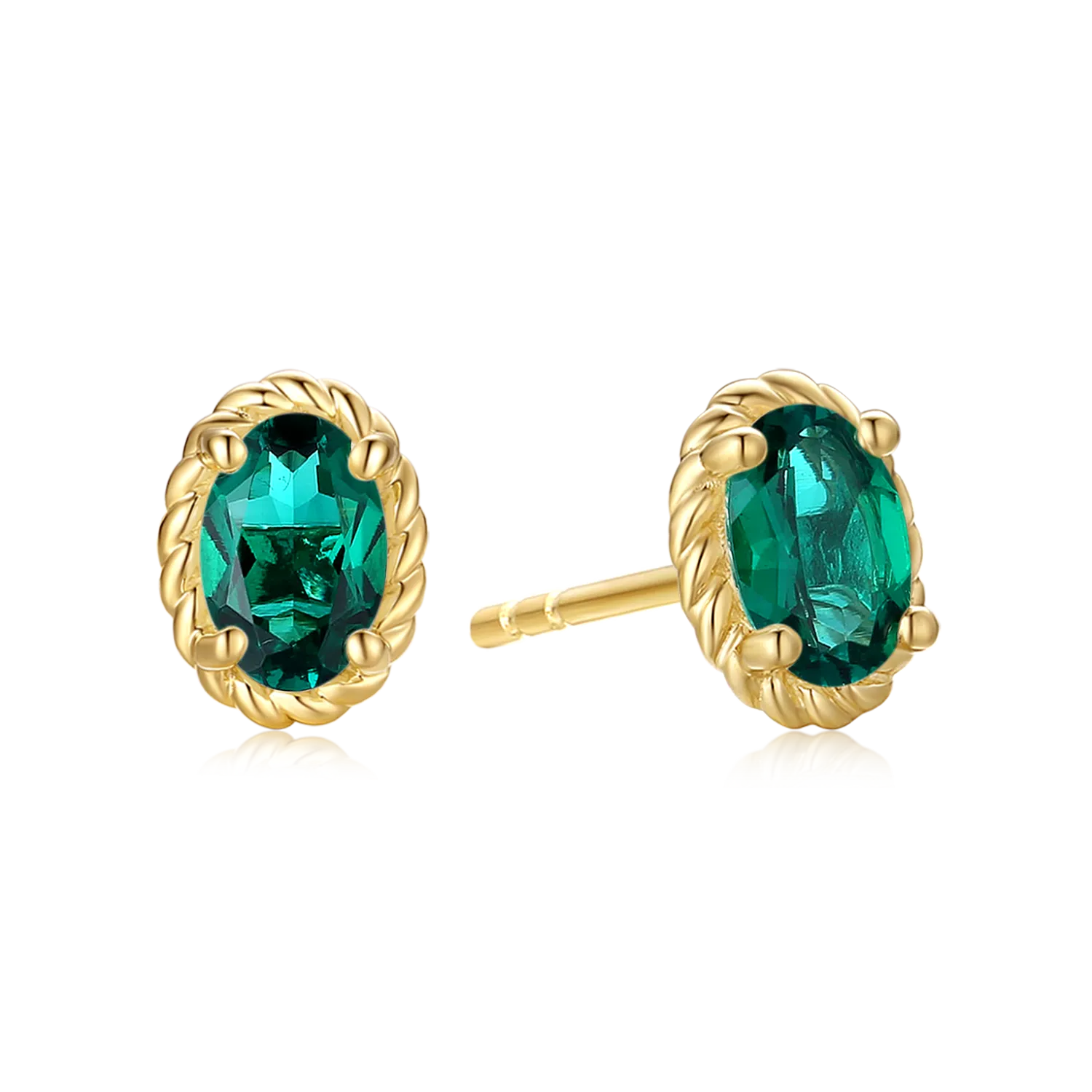 9ct Yellow Gold Oval Cut 6x4 mm Created Emerald May Birthstone Stud Earrings