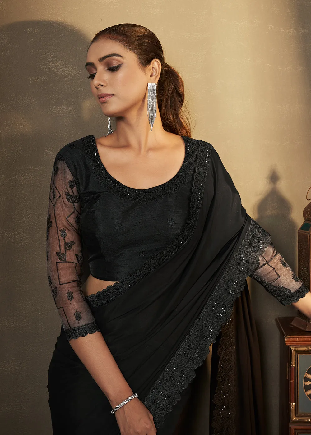 Black Satin Silk Swarovski Embroidered Designer Saree