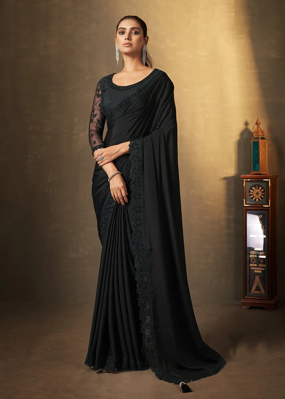 Black Satin Silk Swarovski Embroidered Designer Saree