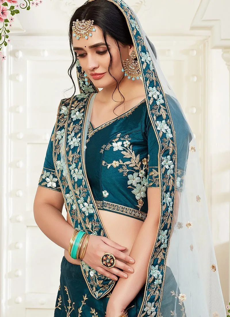 Blue Floral Embroidered Art Silk Lehenga Choli