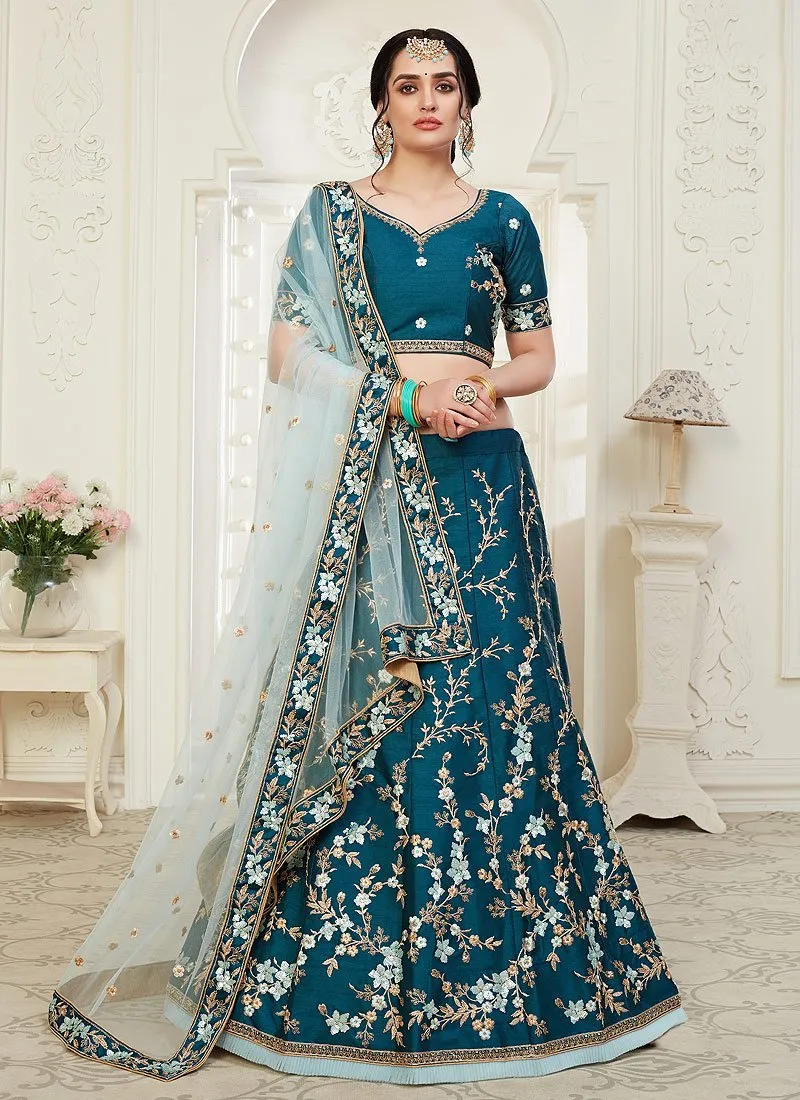 Blue Floral Embroidered Art Silk Lehenga Choli