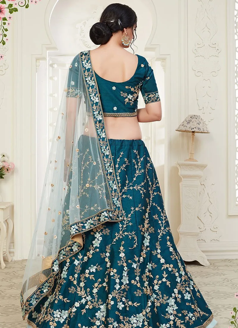 Blue Floral Embroidered Art Silk Lehenga Choli