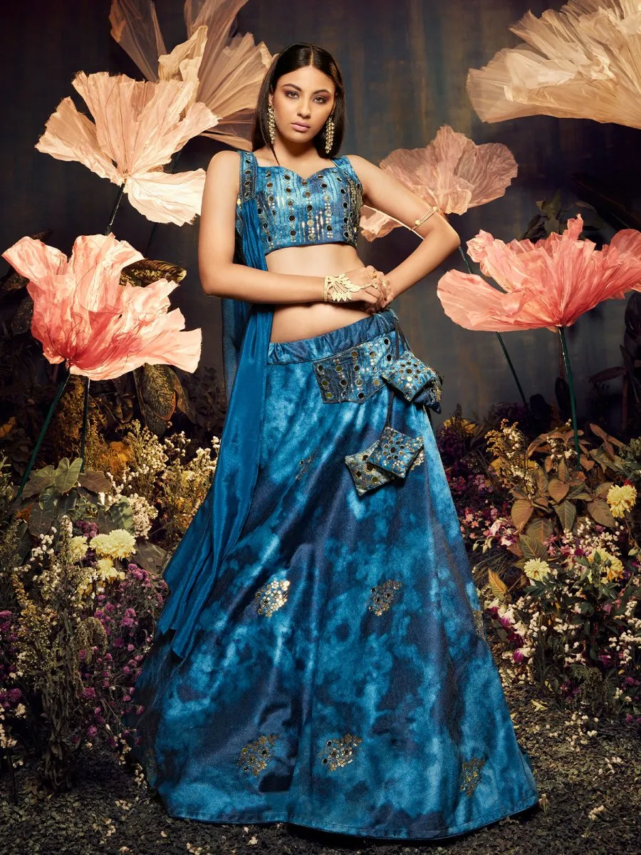 Blue Velvet Embroidered Lehenga Choli