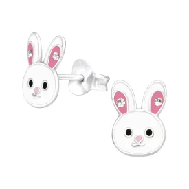 Bunny Rabbit Stud Earrings w/Crystal in Sterling Silver