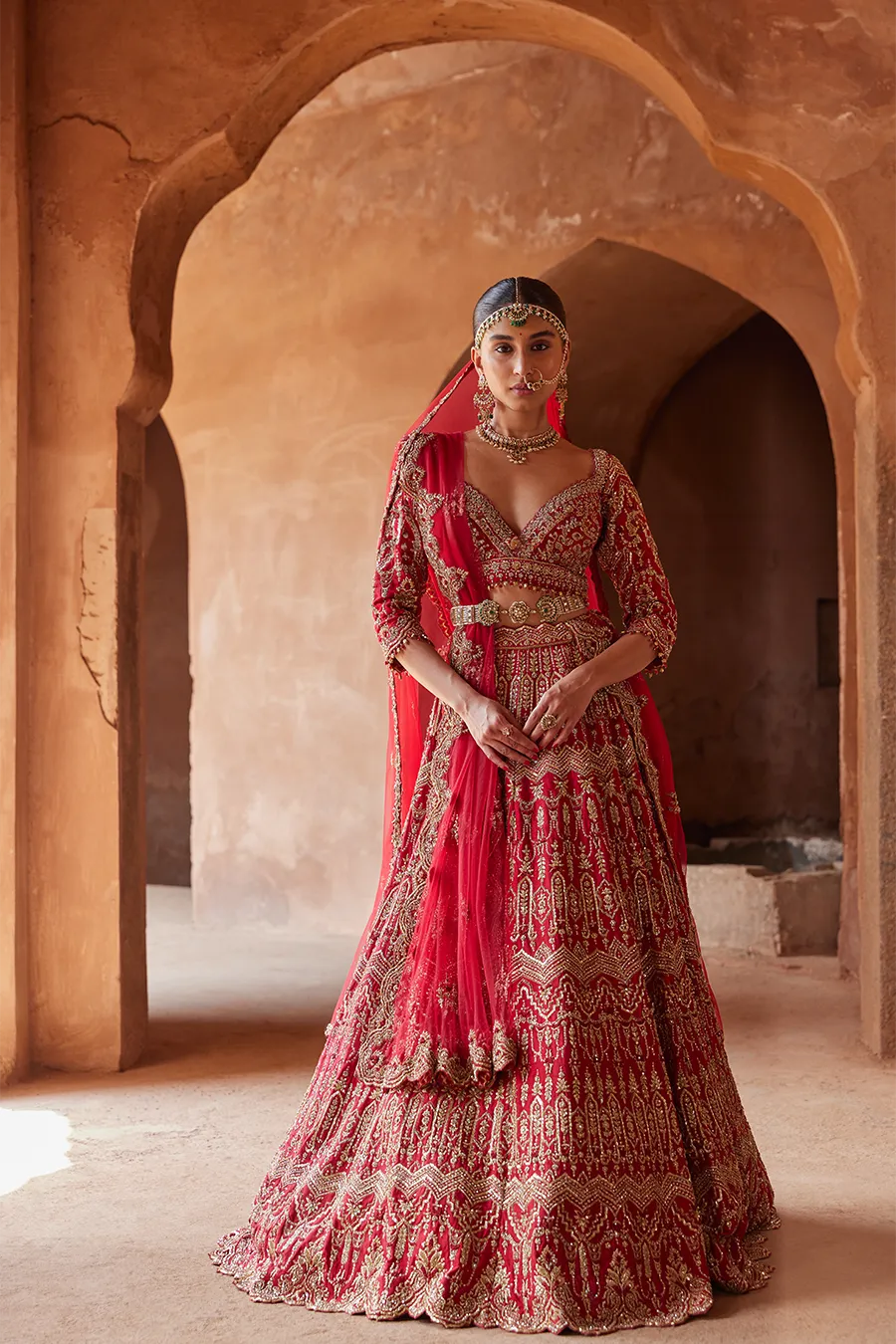 CARDINAL RED RAW SILK LEHENGA CHOLI SET