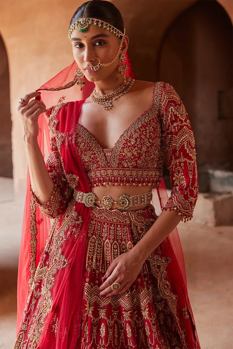 CARDINAL RED RAW SILK LEHENGA CHOLI SET