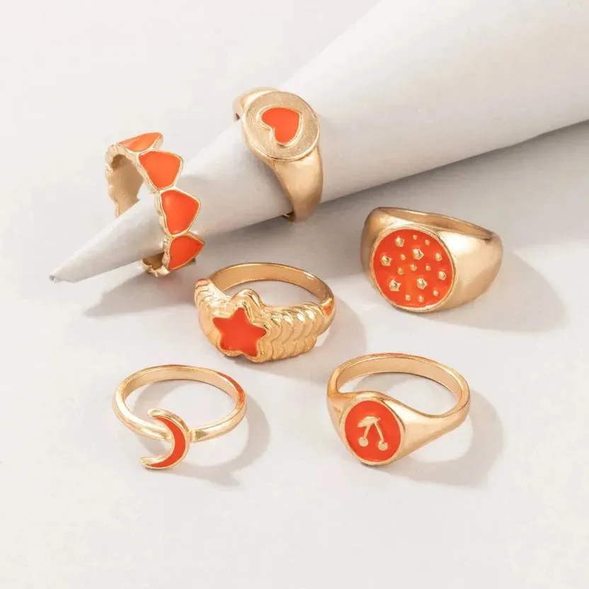 Combo of 5 Pcs Gold Plated Stylish Orange Ring Set - Set Of 6