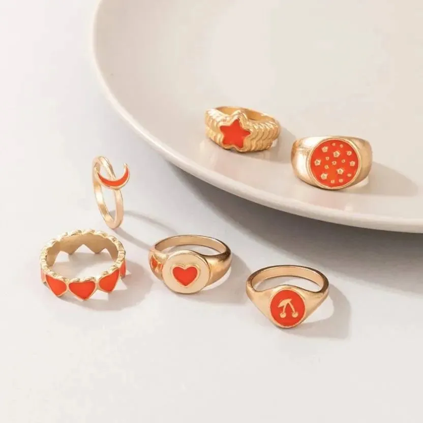 Combo of 5 Pcs Gold Plated Stylish Orange Ring Set - Set Of 6