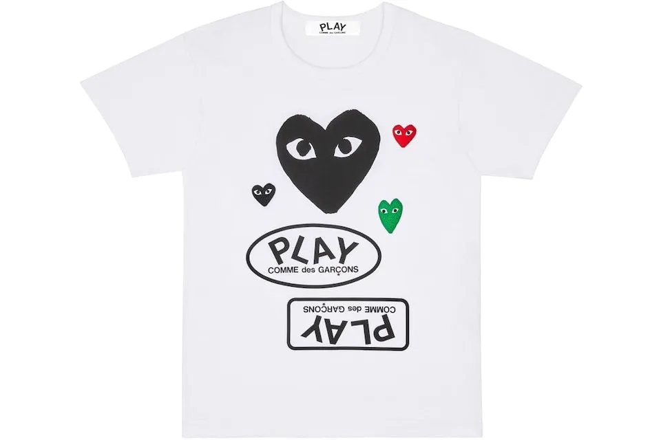 COMME DES GARÇONS PLAY MULTI LOGO BLACK HEART T-SHIRT WHITE