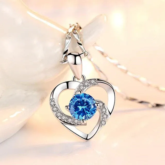 Crystal Heart Necklace - 925 Sterling Silver Pendant CZ Crystal