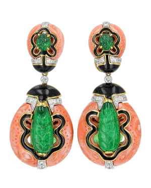 David Webb Coral, Emerald and Diamond Earrings