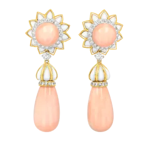 David Webb Coral, Enamel and Diamond Earrings