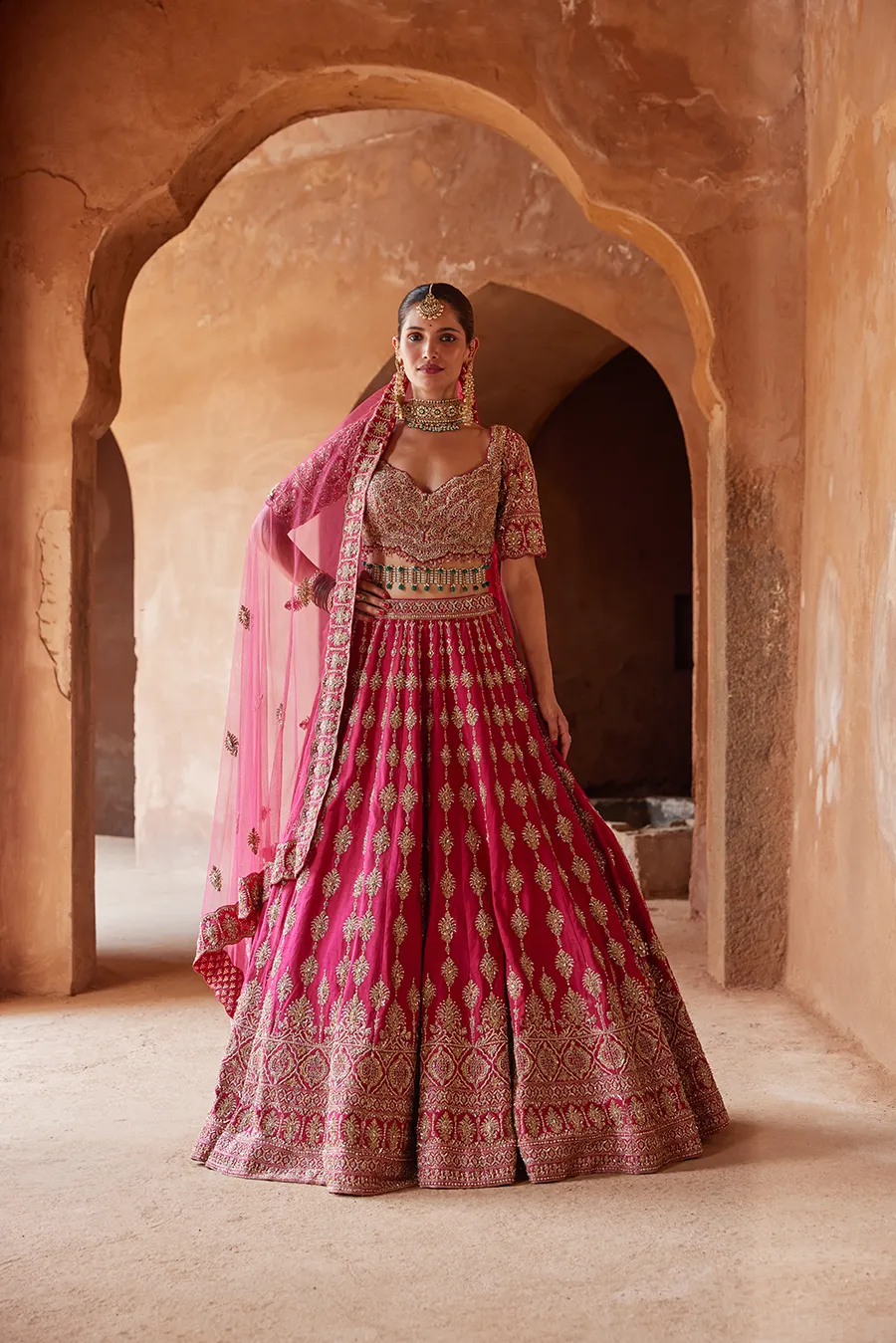 FUSCHIA RED RAW SILK LEHENGA CHOLI SET