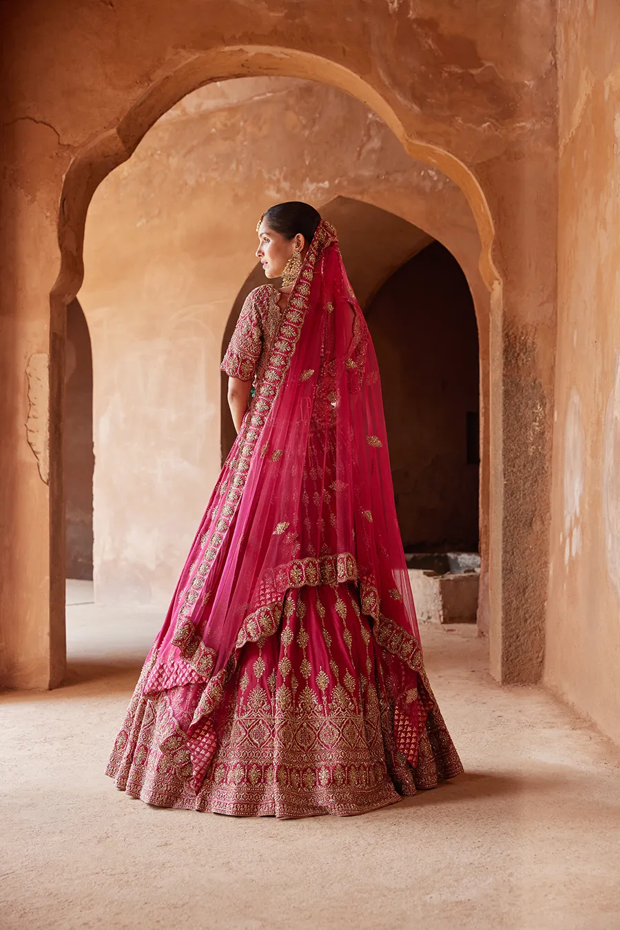 FUSCHIA RED RAW SILK LEHENGA CHOLI SET