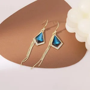 Gold Plated Korean Style Blue Crystal Long Tassel Earrings For Women & Girls Cubic Zirconia Alloy Drops & Danglers, Hoop Earring, Stud Earring - Pair Of 1