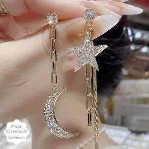 Gold Plated Korean Style Stone Decor Moon & Star Long Chain Drop Earrings Cubic Zirconia Alloy Drops & Danglers - Pair Of 1