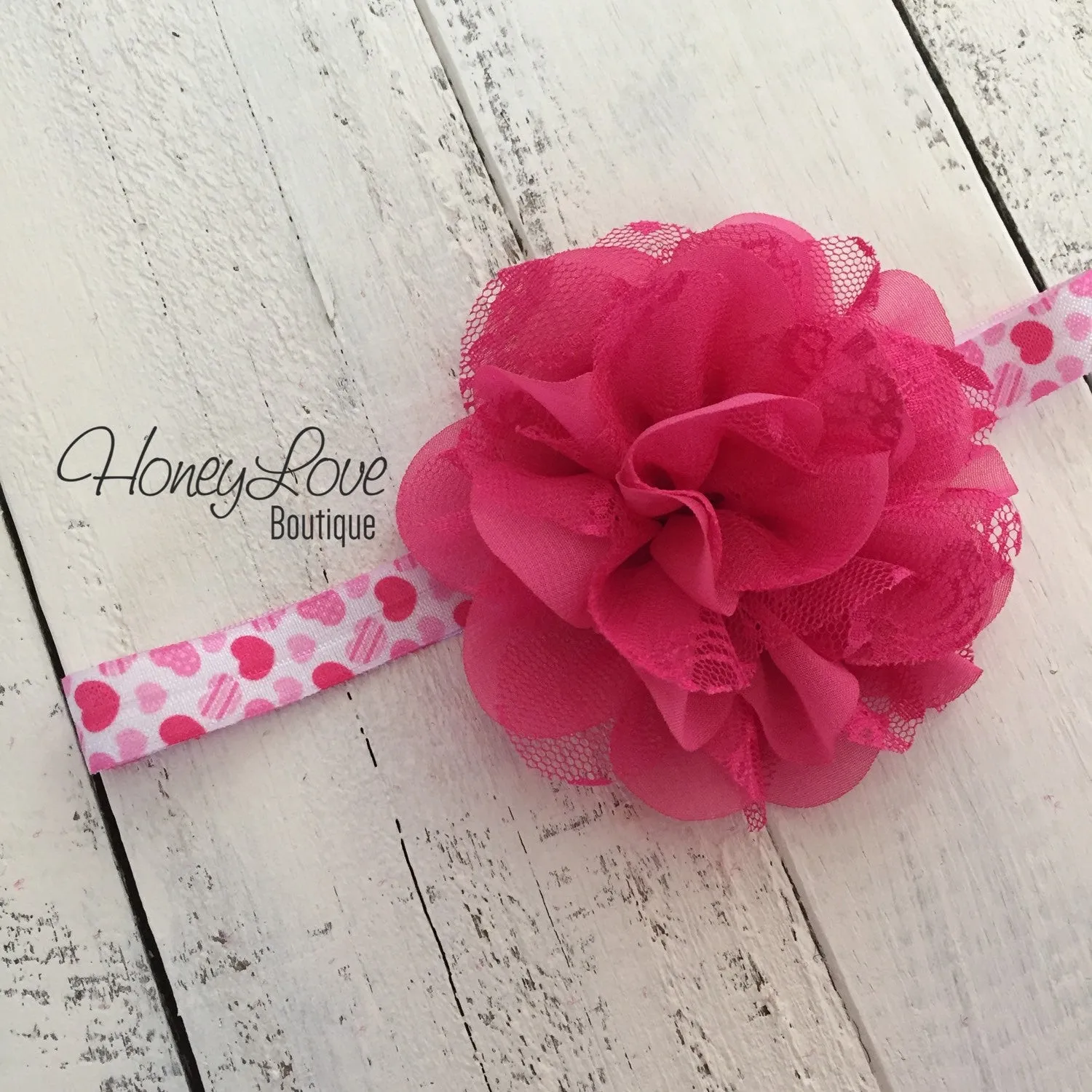 Hot Pink and White hearts flower headband