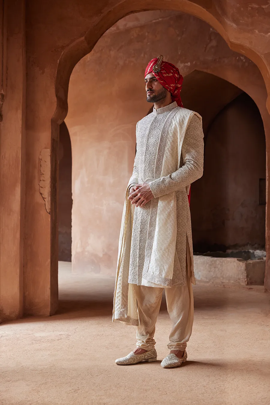 RAW SILK EMBROIDERED SHERWANI WITH MONGA TUSSAR KURTA AND CHURIDAR SET