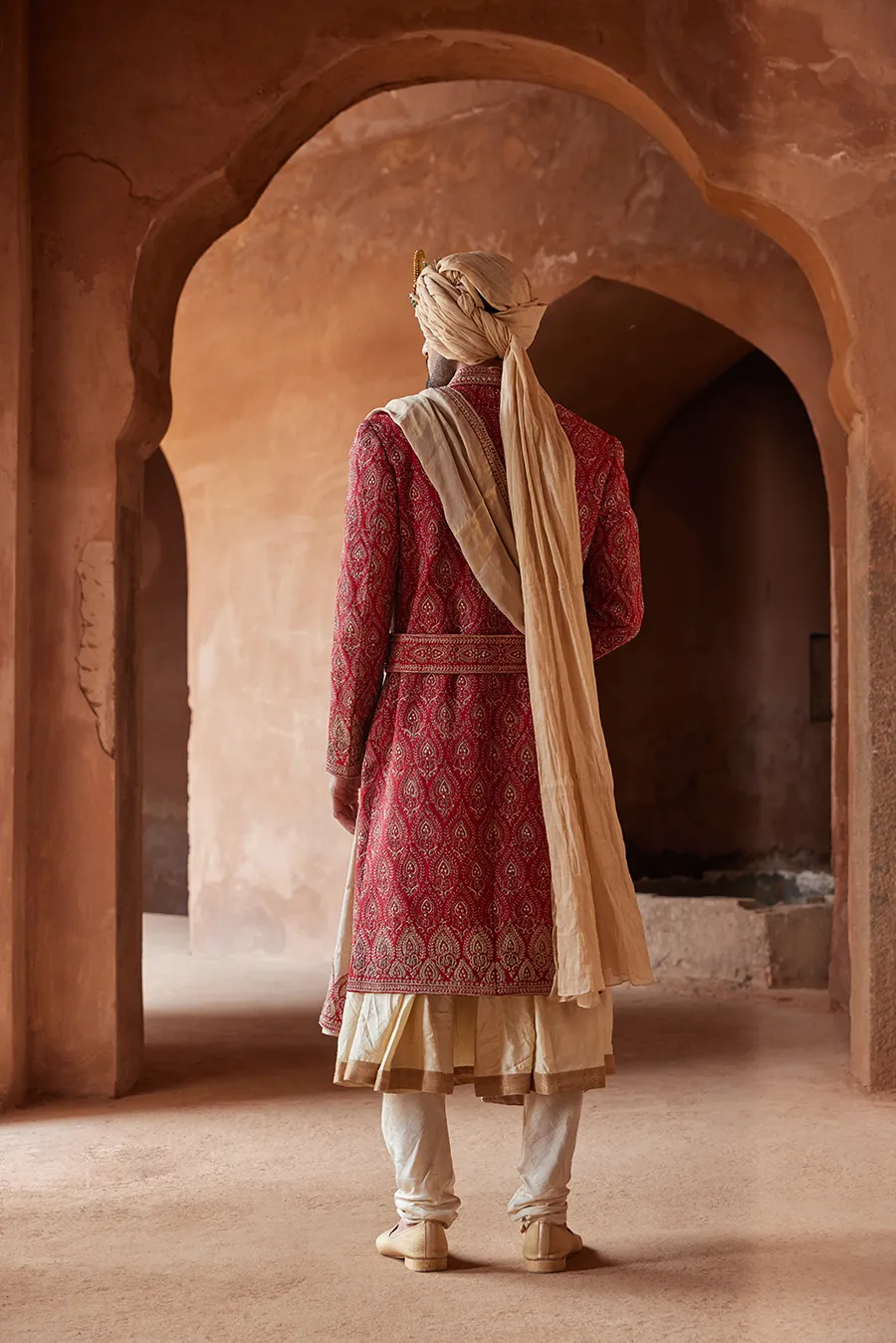 RED MATKA SILK EMBROIDERED SHERWANI KURTA CHURIDAR SET