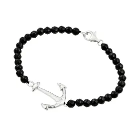 Silver 925 Rhodium Plated Black Bead Anchor Bracelet