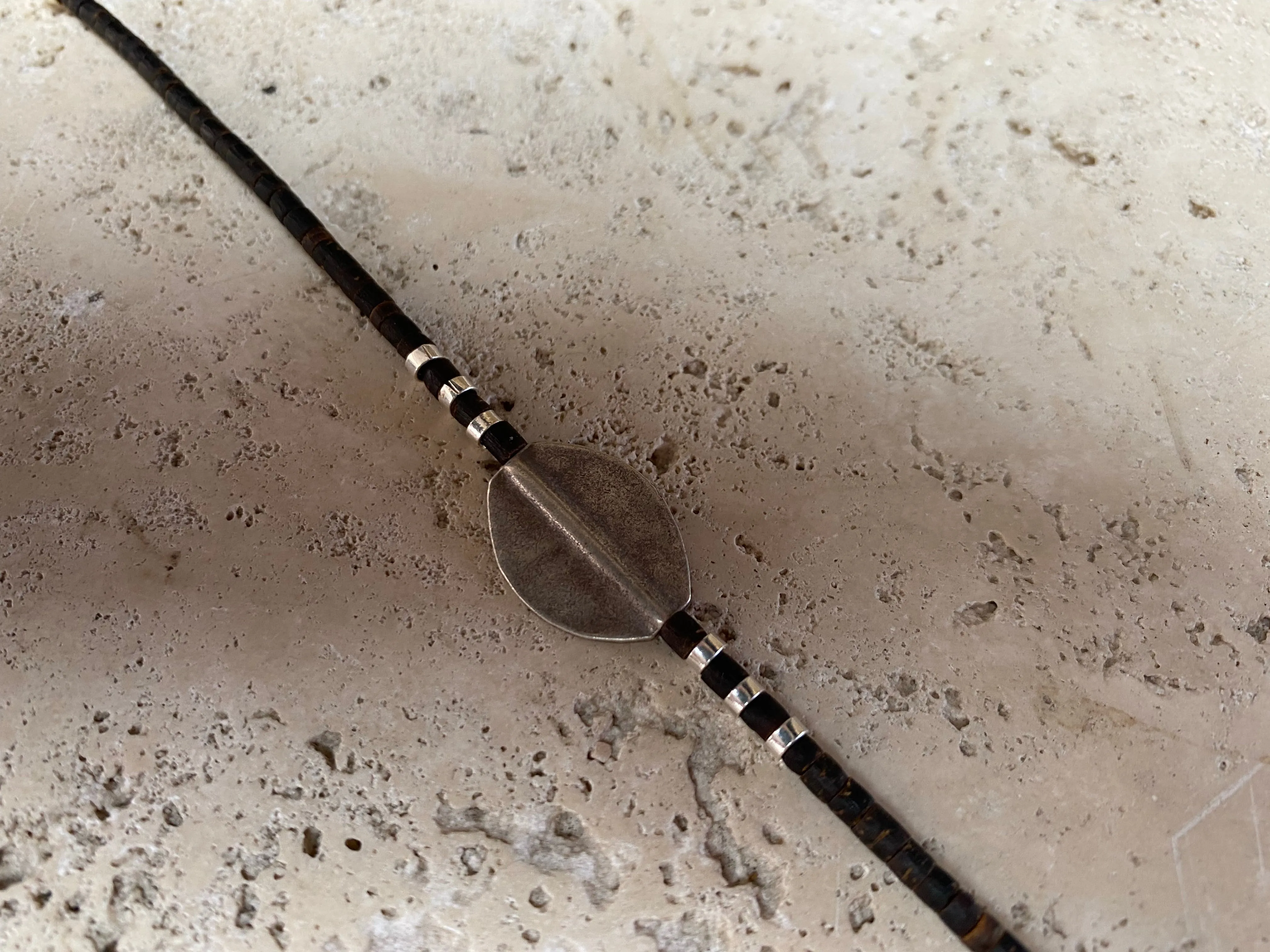 Silver and Coconut Wood Bracelet - Leaf Bead