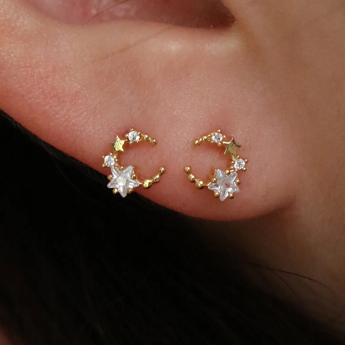 Tiny moon star cubic earrings