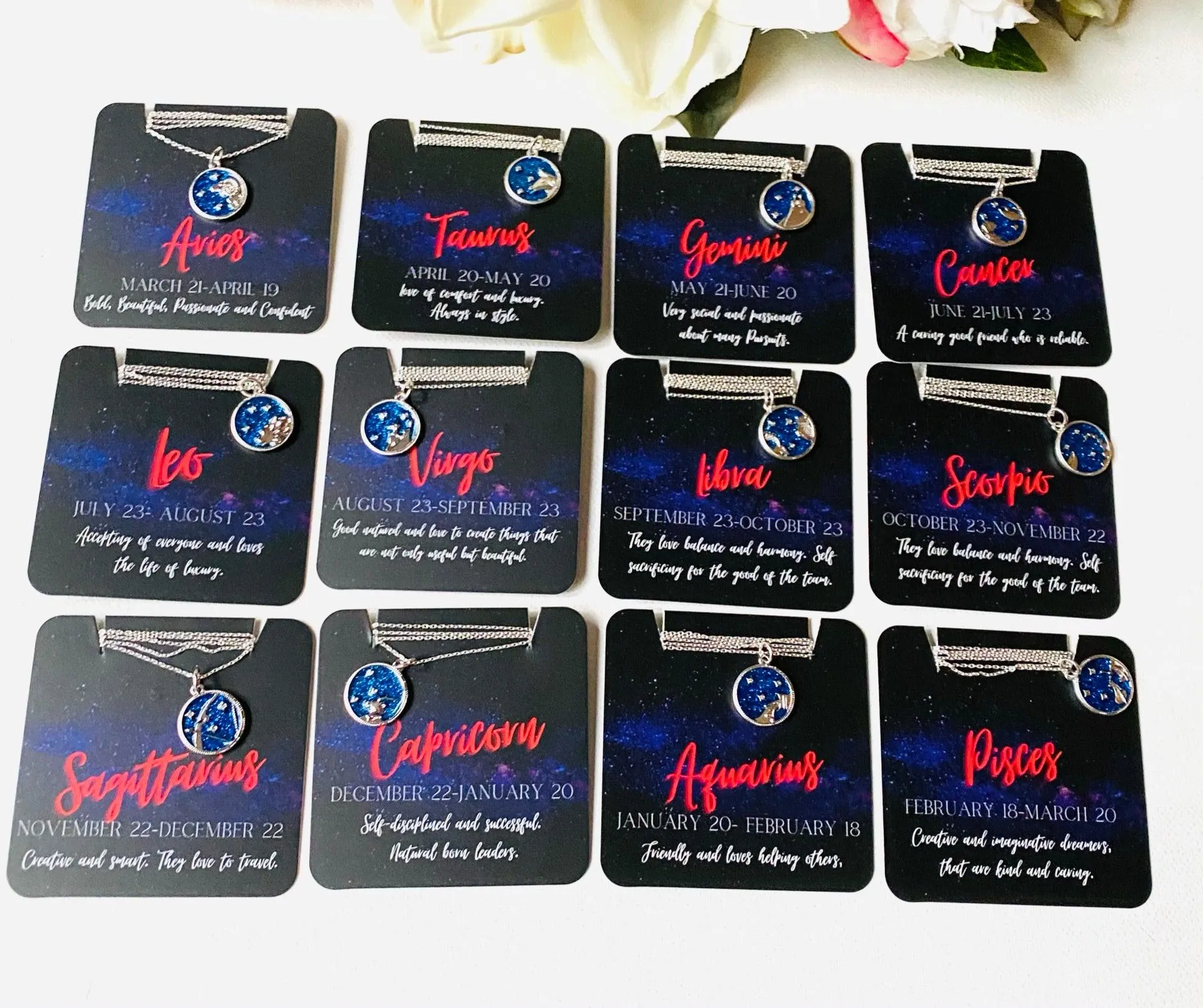 Zodiac Necklaces, Silver Zodiac Necklaces, Carded Necklaces, Zodiac